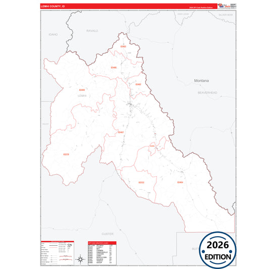 Lemhi County, ID Red Line 5 Digit ZIP Code Wall Map
