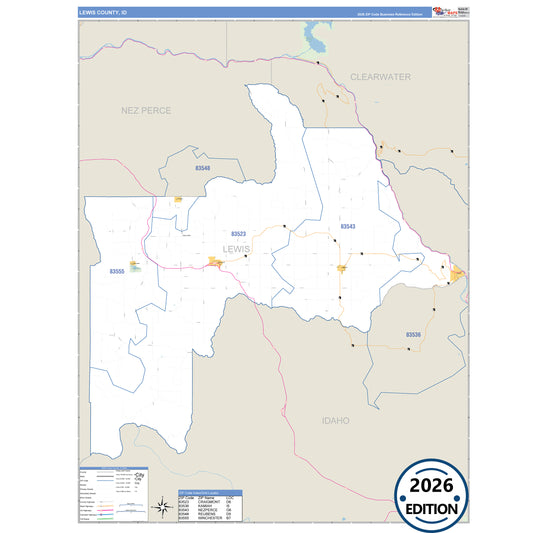 Lewis County, ID Business Reference 5 Digit ZIP Code Wall Map
