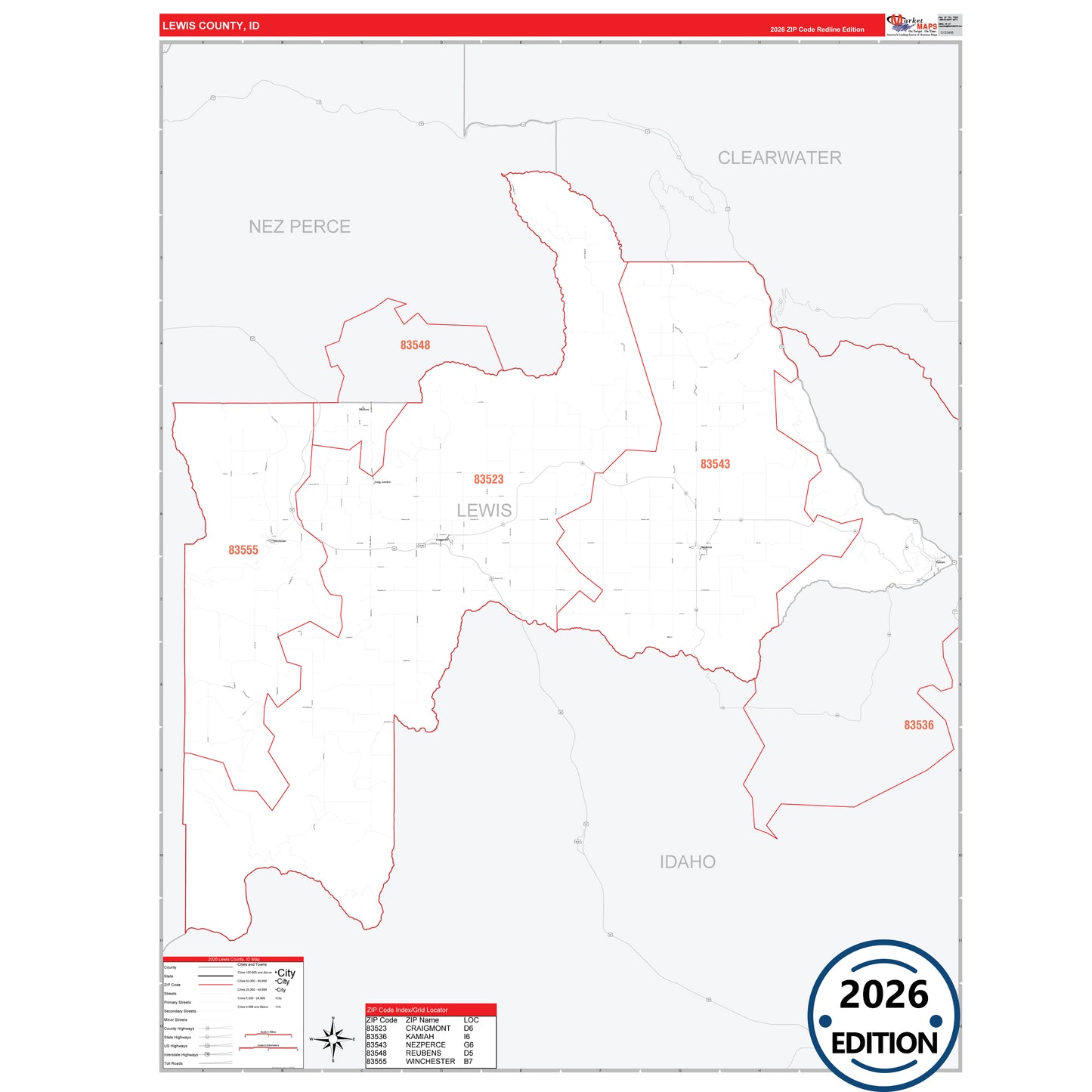 Lewis County, ID Red Line 5 Digit ZIP Code Wall Map