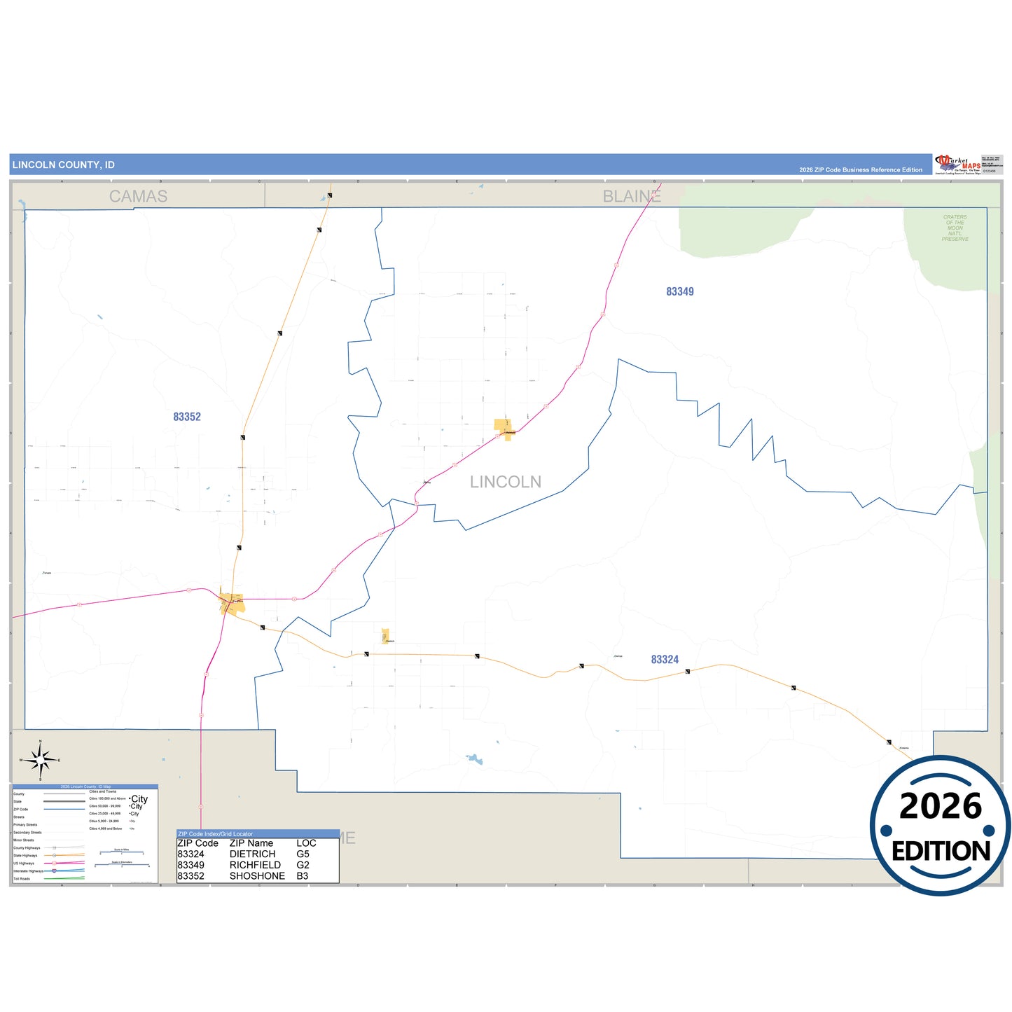Lincoln County, ID Business Reference 5 Digit ZIP Code Wall Map