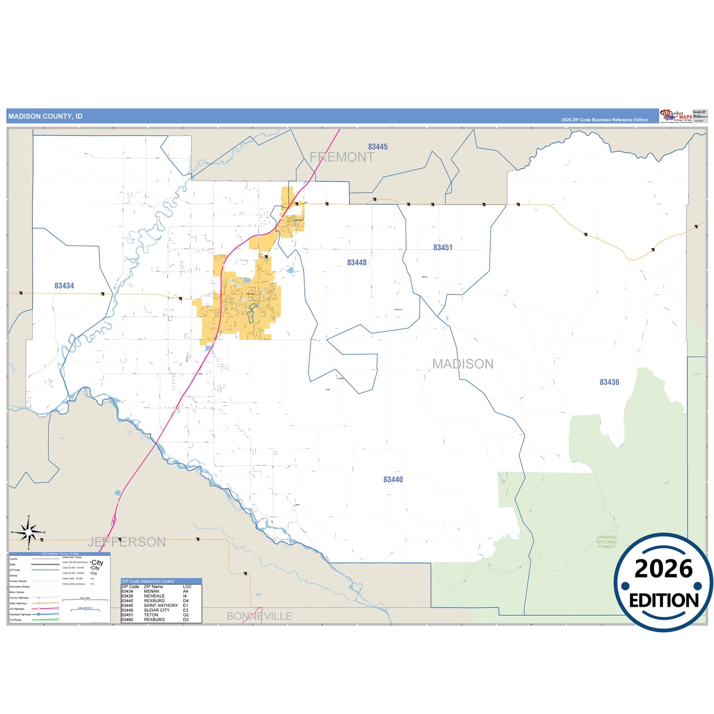 Madison County, ID Business Reference 5 Digit ZIP Code Wall Map