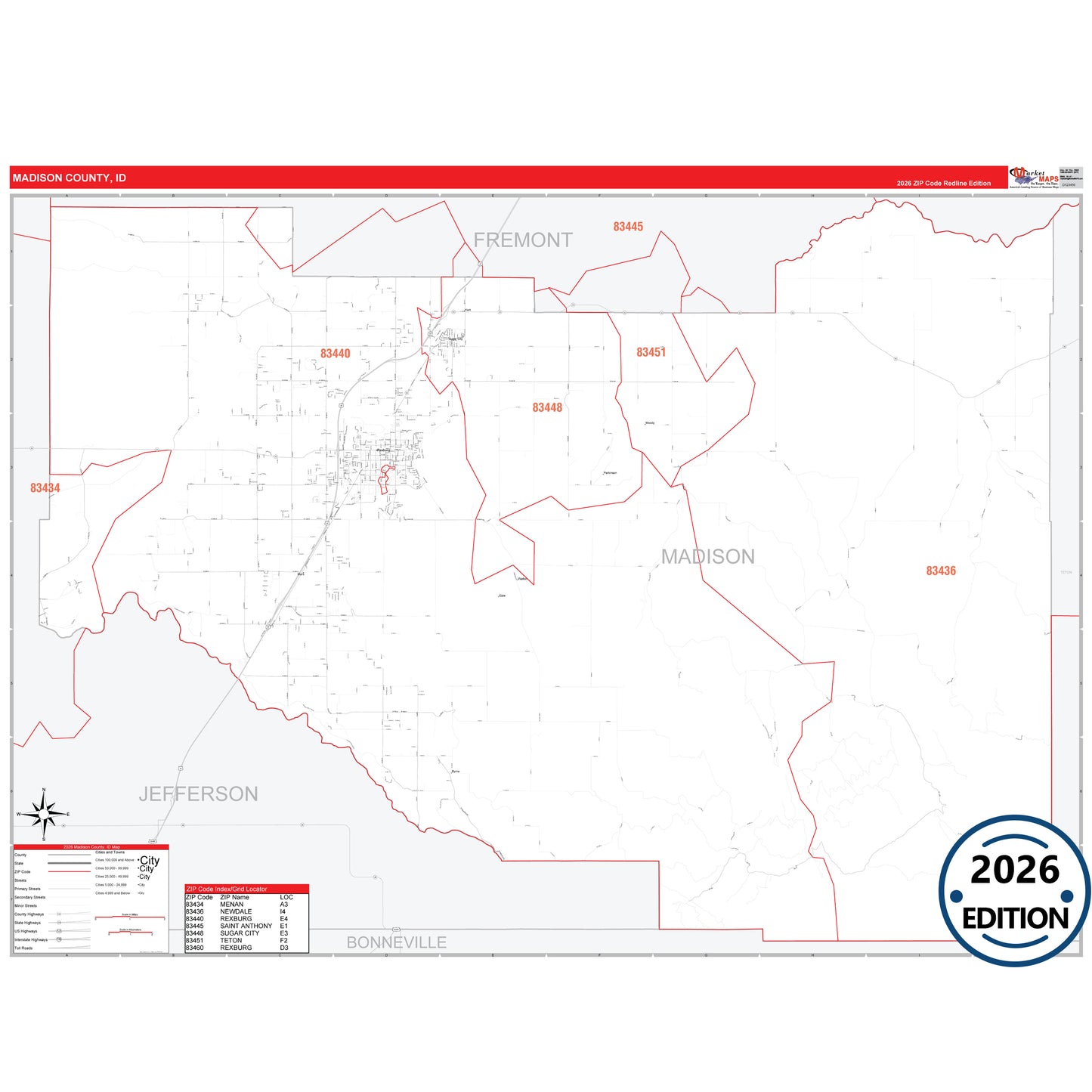 Madison County, ID Red Line 5 Digit ZIP Code Wall Map