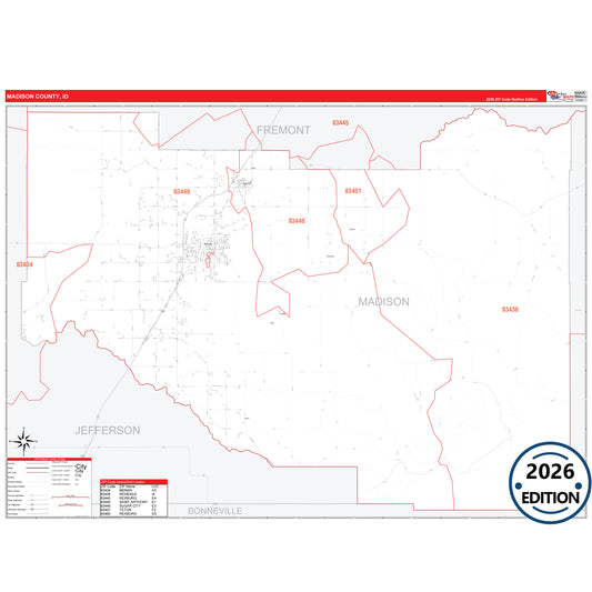 Madison County, ID Red Line 5 Digit ZIP Code Wall Map