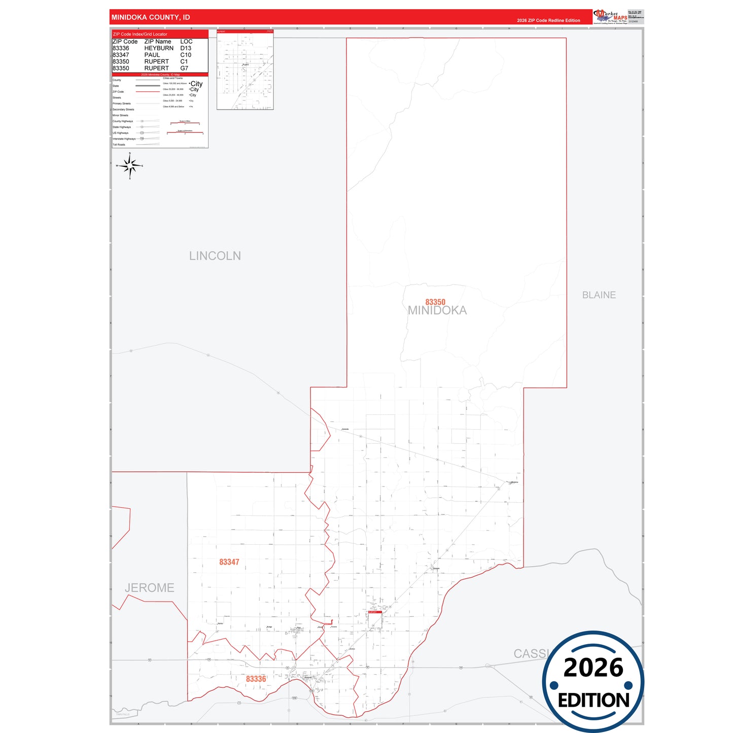 Minidoka County, ID Red Line 5 Digit ZIP Code Wall Map