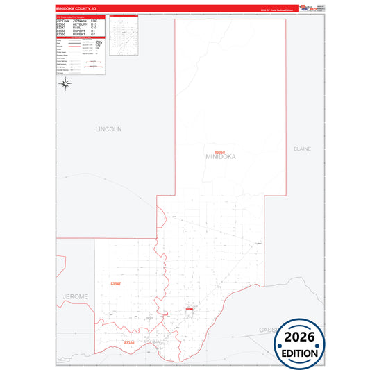 Minidoka County, ID Red Line 5 Digit ZIP Code Wall Map