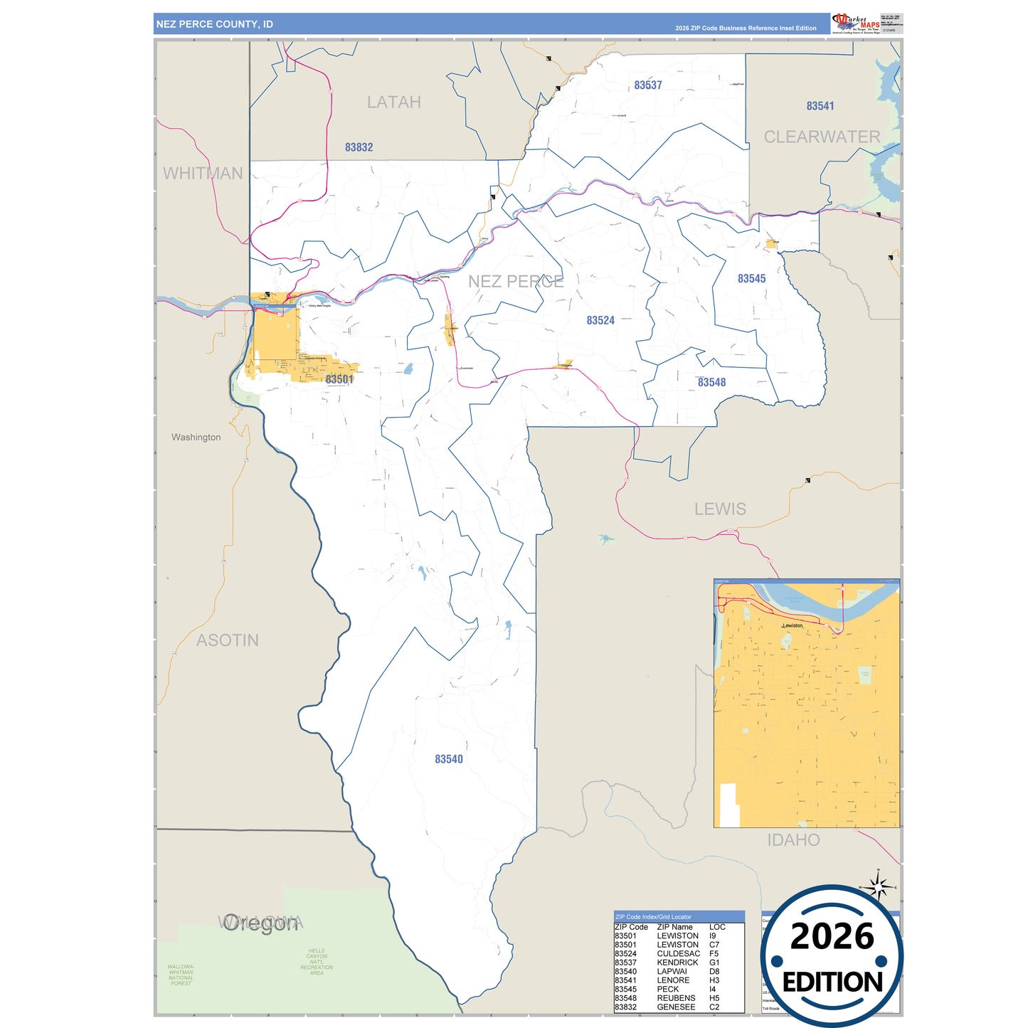 Nez Perce County, ID Business Reference 5 Digit ZIP Code Wall Map