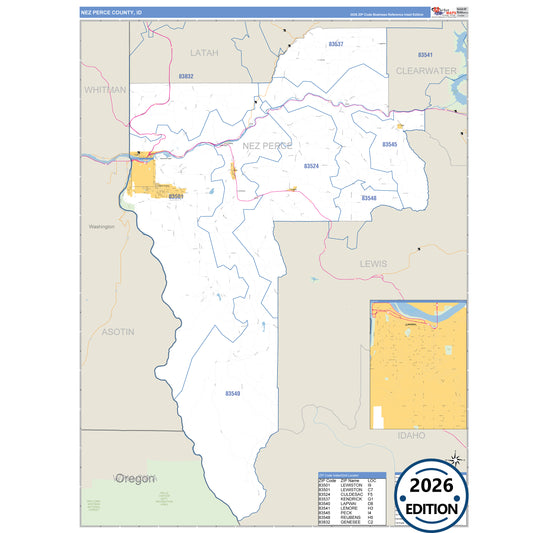 Nez Perce County, ID Business Reference 5 Digit ZIP Code Wall Map