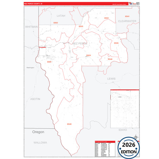 Nez Perce County, ID Red Line 5 Digit ZIP Code Wall Map