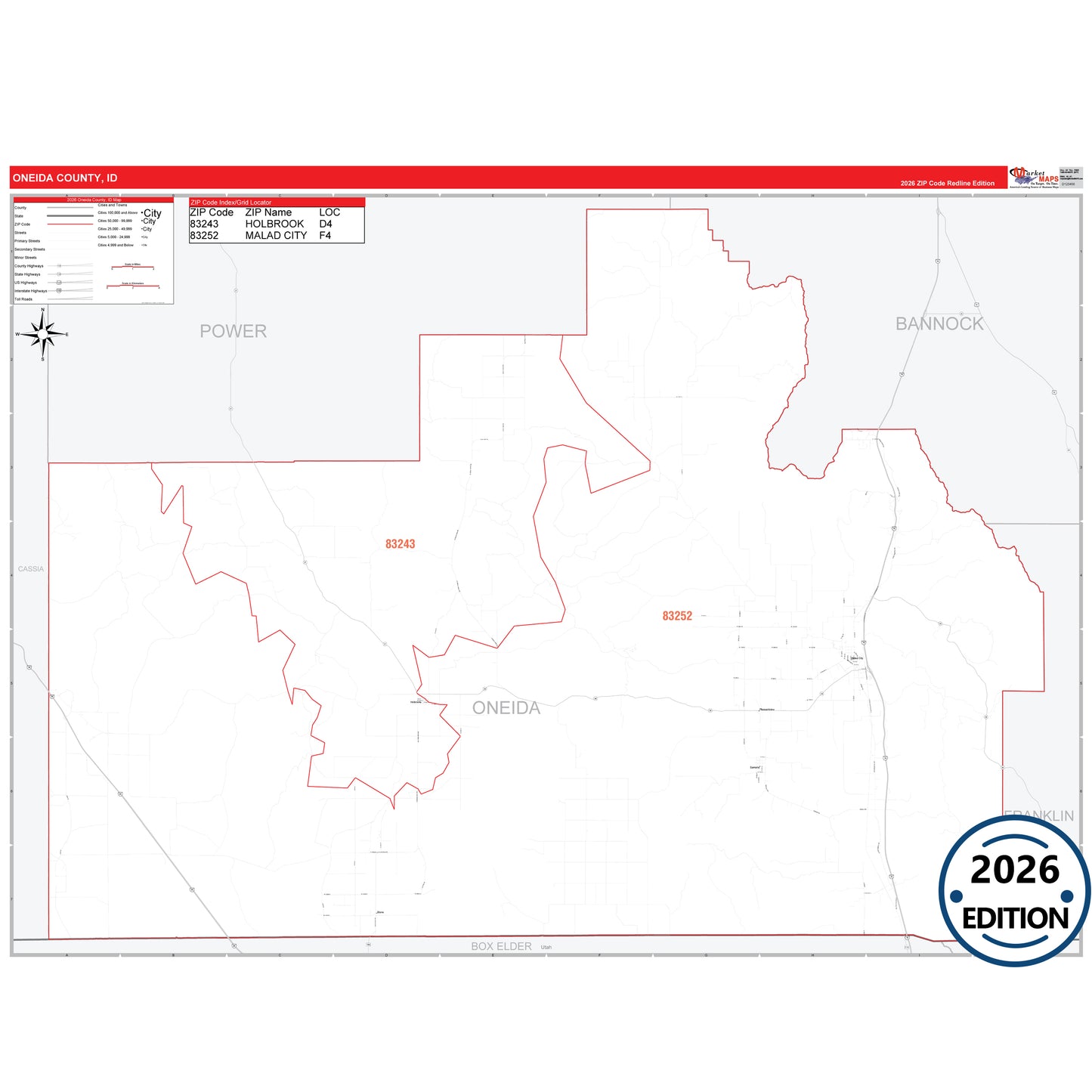Oneida County, ID Red Line 5 Digit ZIP Code Wall Map