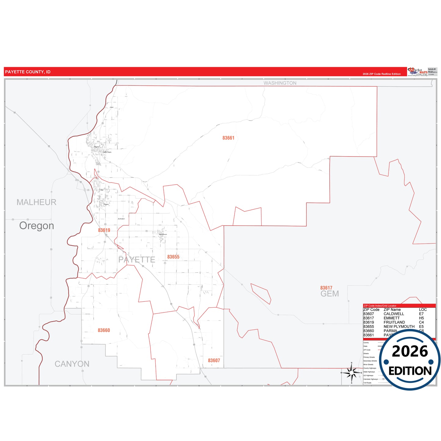 Payette County, ID Red Line 5 Digit ZIP Code Wall Map