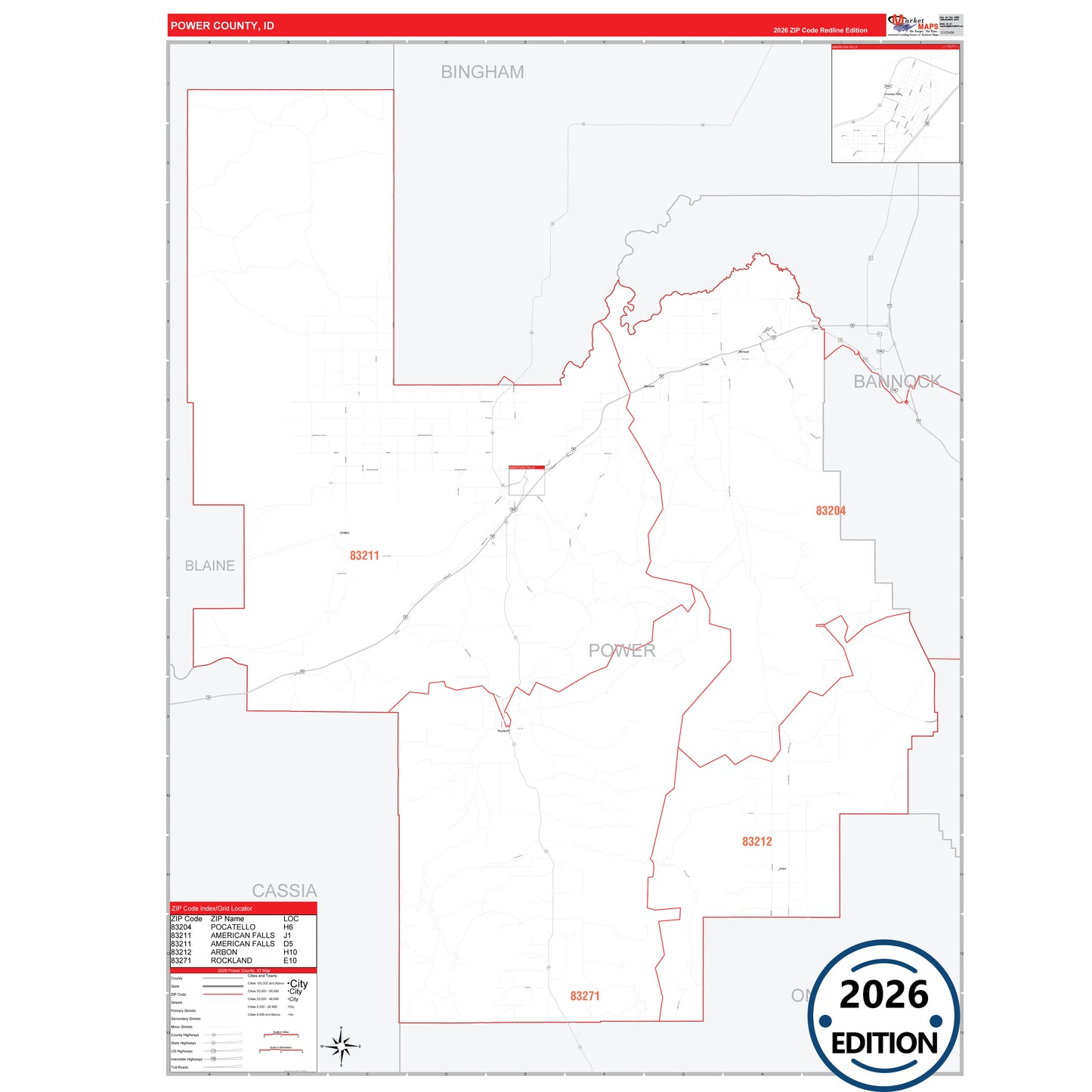 Power County, ID Red Line 5 Digit ZIP Code Wall Map