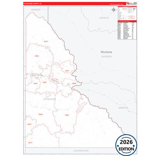 Shoshone County, ID Red Line 5 Digit ZIP Code Wall Map