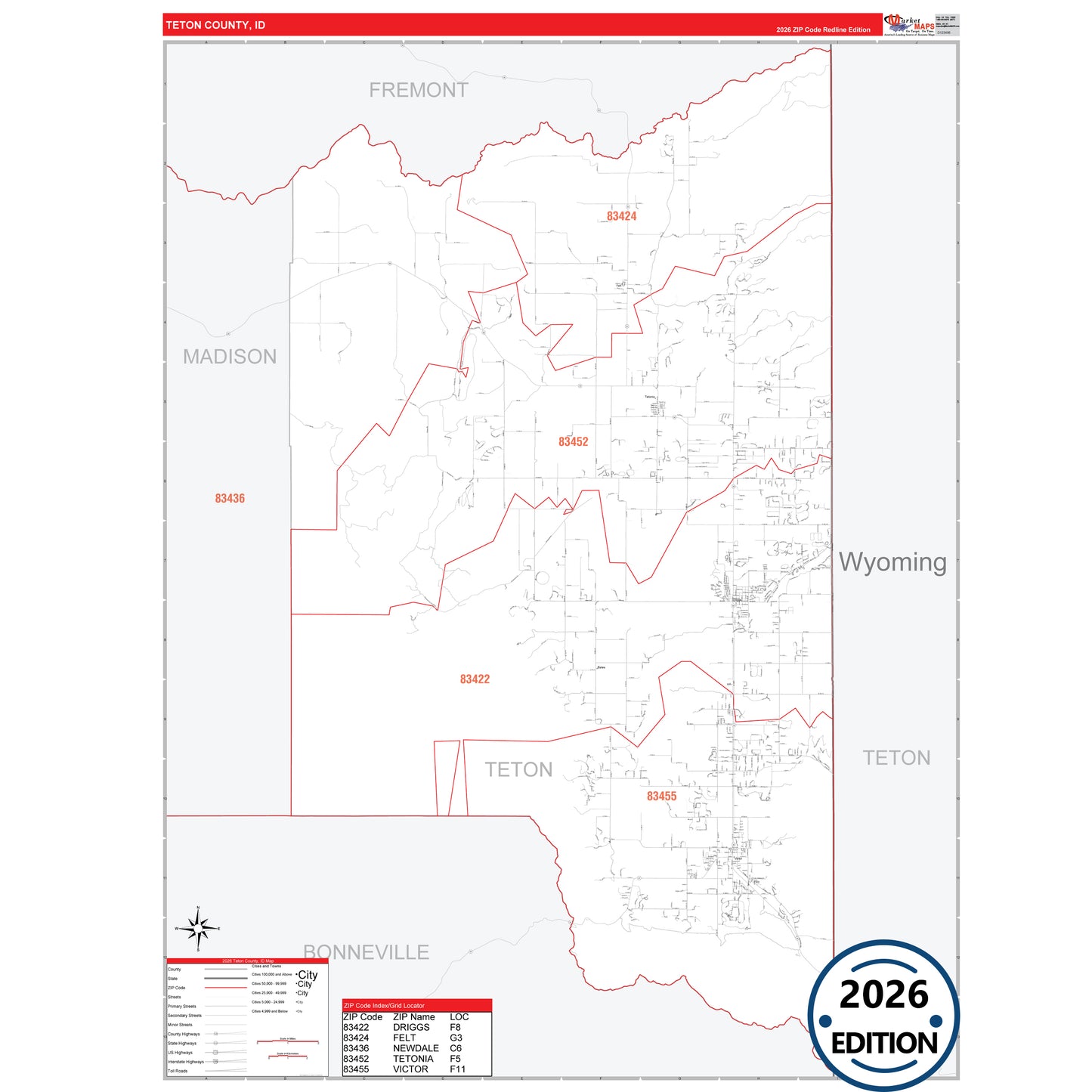 Teton County, ID Red Line 5 Digit ZIP Code Wall Map