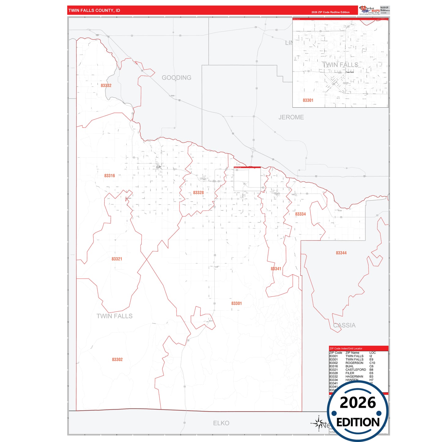 Twin Falls County, ID Red Line 5 Digit ZIP Code Wall Map