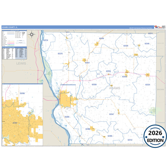 Adams County, IL Business Reference 5 Digit ZIP Code Wall Map