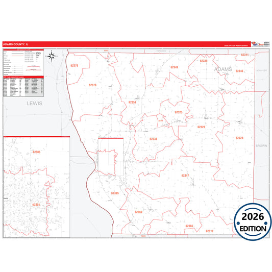 Adams County, IL Red Line 5 Digit ZIP Code Wall Map