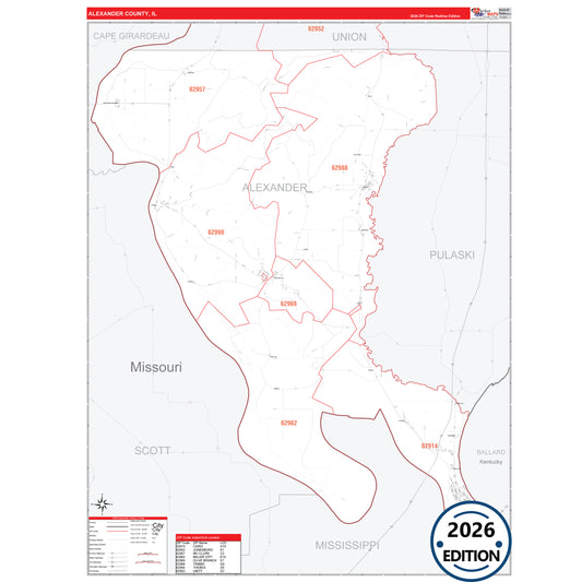 Alexander County, IL Red Line 5 Digit ZIP Code Wall Map