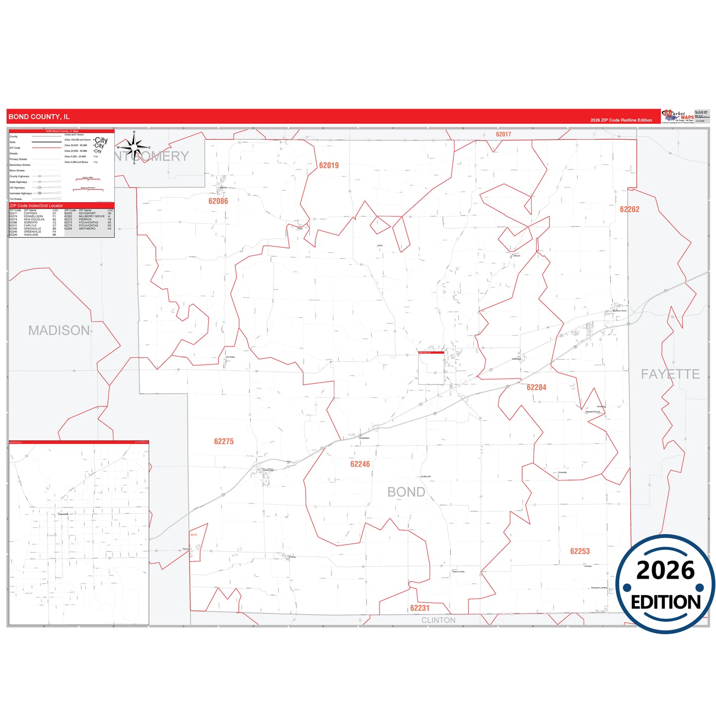 Bond County, IL Red Line 5 Digit ZIP Code Wall Map