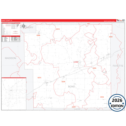 Bond County, IL Red Line 5 Digit ZIP Code Wall Map