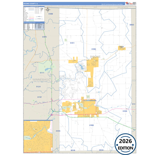 Boone County, IL Business Reference 5 Digit ZIP Code Wall Map
