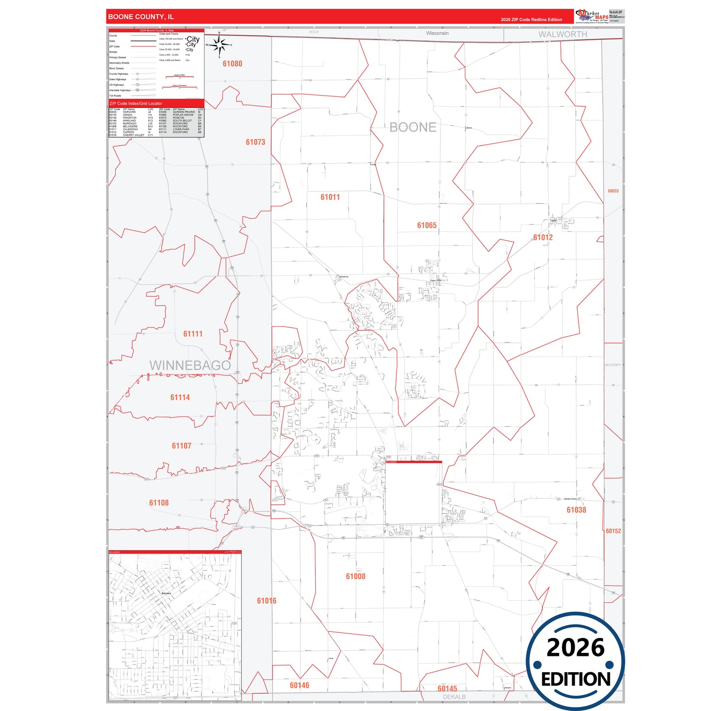 Boone County, IL Red Line 5 Digit ZIP Code Wall Map