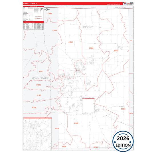 Boone County, IL Red Line 5 Digit ZIP Code Wall Map