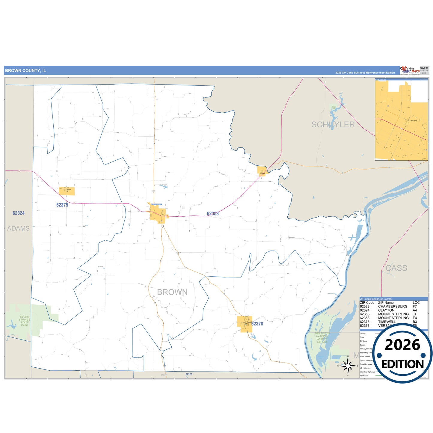 Brown County, IL Business Reference 5 Digit ZIP Code Wall Map