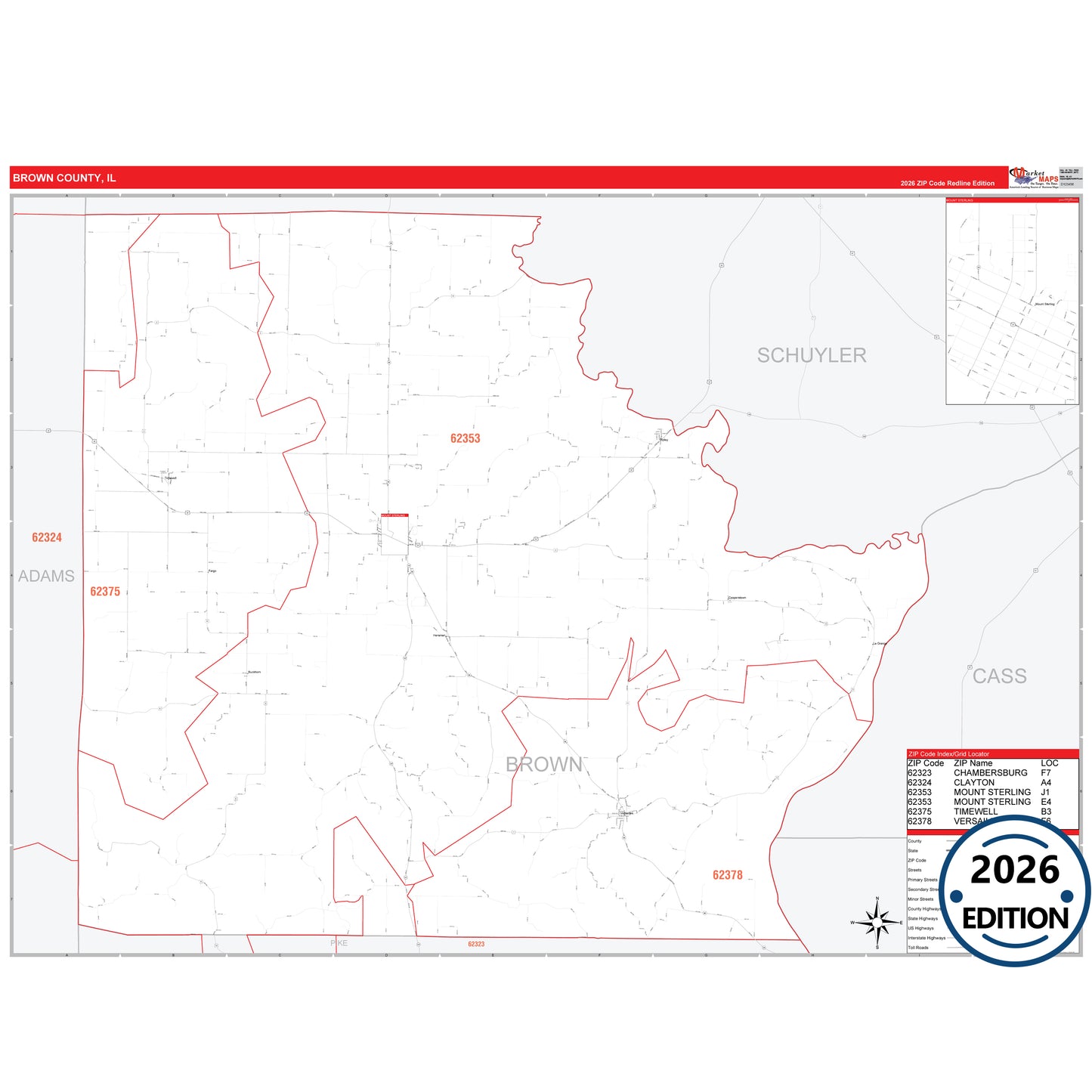 Brown County, IL Red Line 5 Digit ZIP Code Wall Map