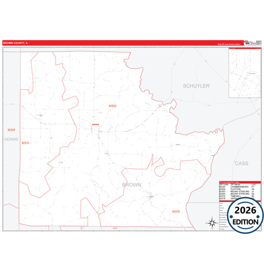Brown County, IL Red Line 5 Digit ZIP Code Wall Map