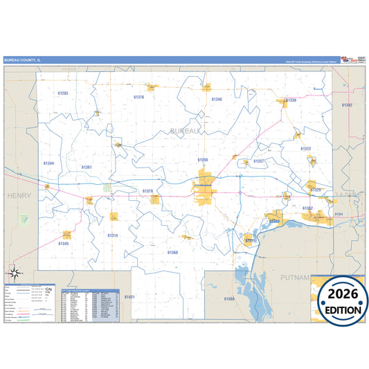 Bureau County, IL Business Reference 5 Digit ZIP Code Wall Map
