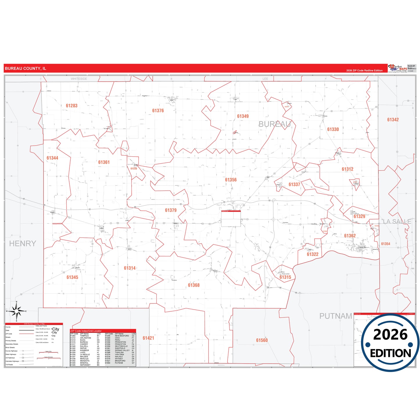 Bureau County, IL Red Line 5 Digit ZIP Code Wall Map