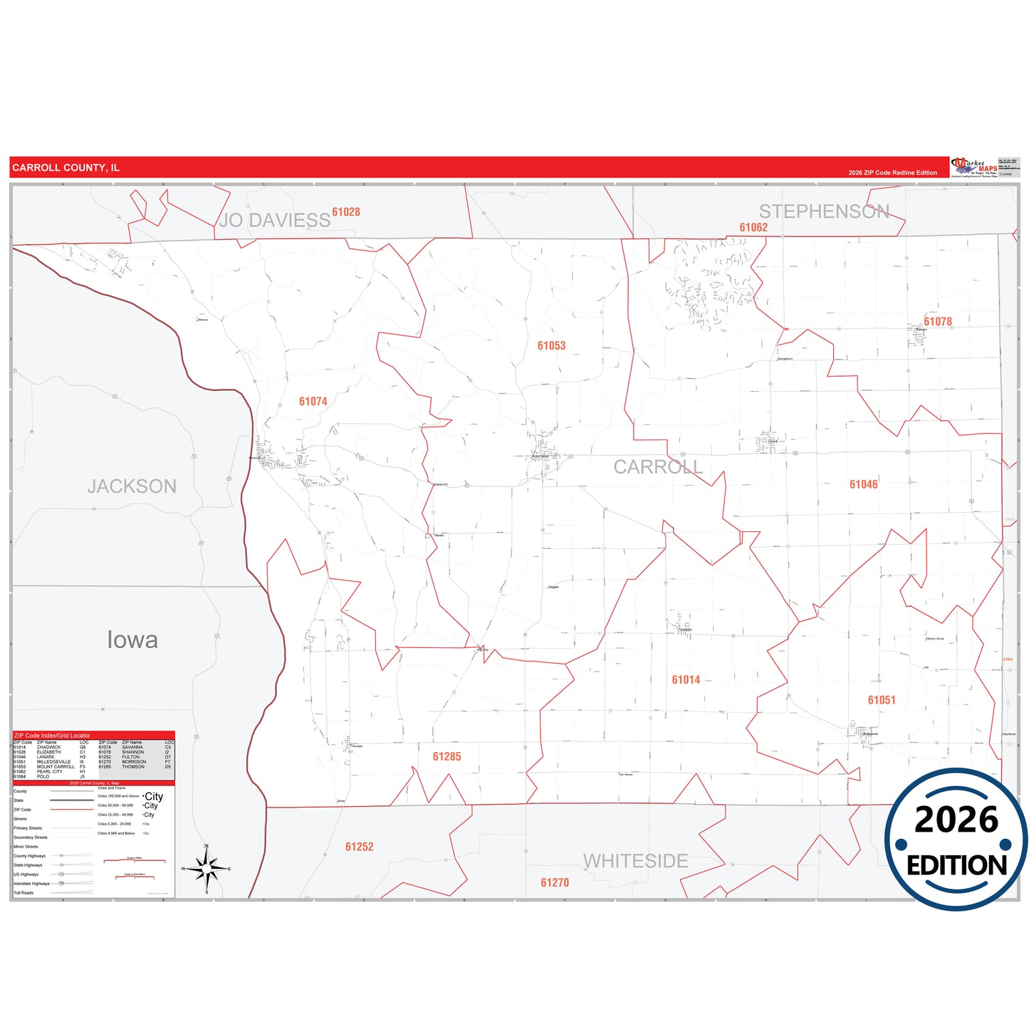 Carroll County, IL Red Line 5 Digit ZIP Code Wall Map