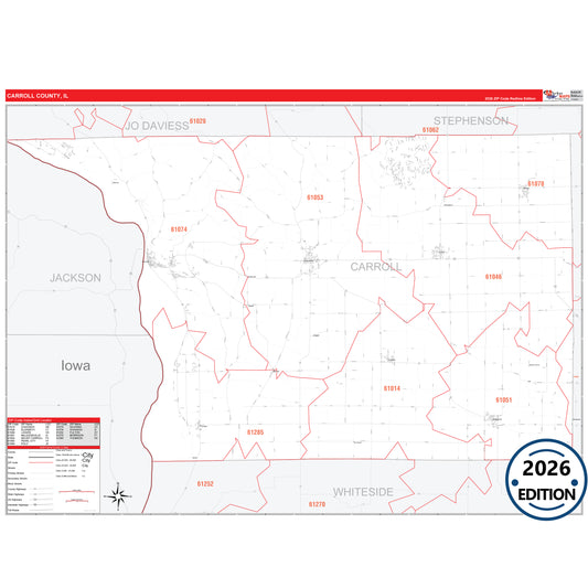 Carroll County, IL Red Line 5 Digit ZIP Code Wall Map