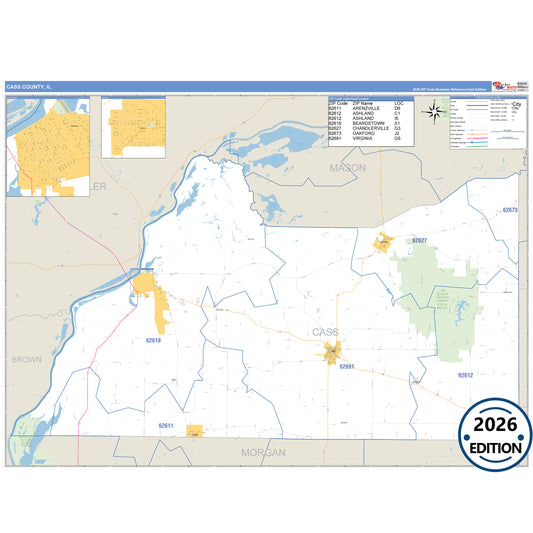 Cass County, IL Business Reference 5 Digit ZIP Code Wall Map