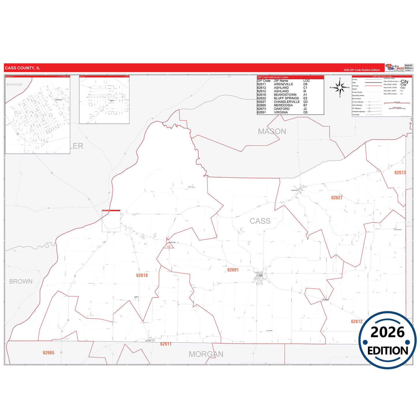 Cass County, IL Red Line 5 Digit ZIP Code Wall Map