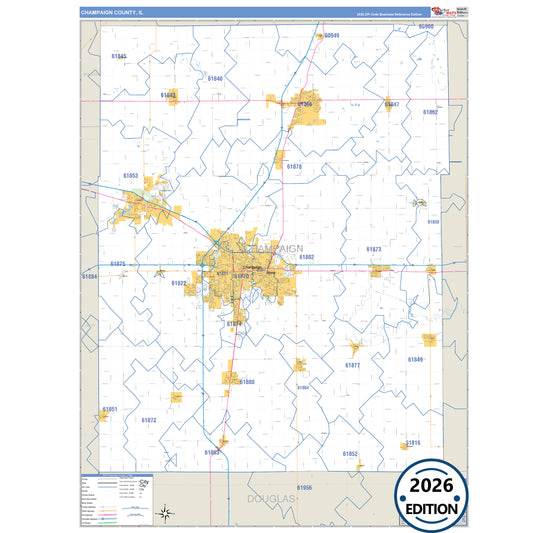 Champaign County, IL Business Reference 5 Digit ZIP Code Wall Map