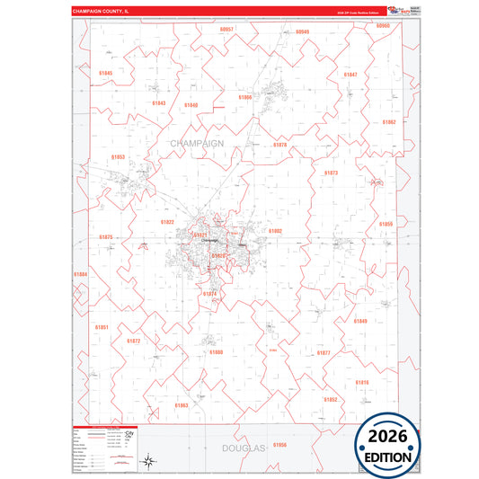 Champaign County, IL Red Line 5 Digit ZIP Code Wall Map