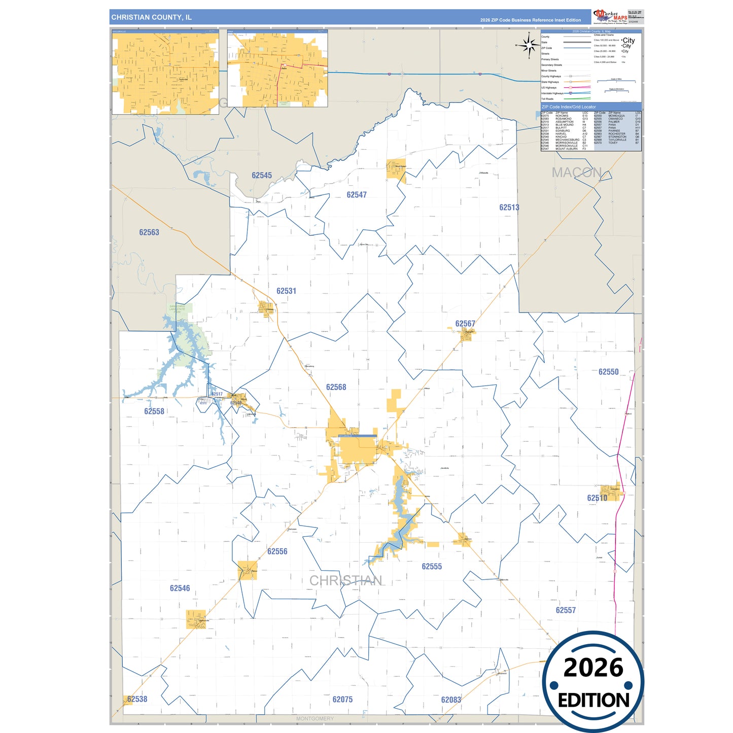 Christian County, IL Business Reference 5 Digit ZIP Code Wall Map
