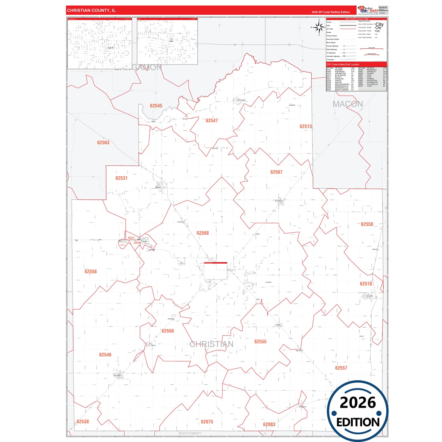 Christian County, IL Red Line 5 Digit ZIP Code Wall Map