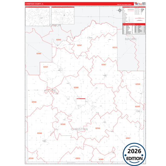 Christian County, IL Red Line 5 Digit ZIP Code Wall Map