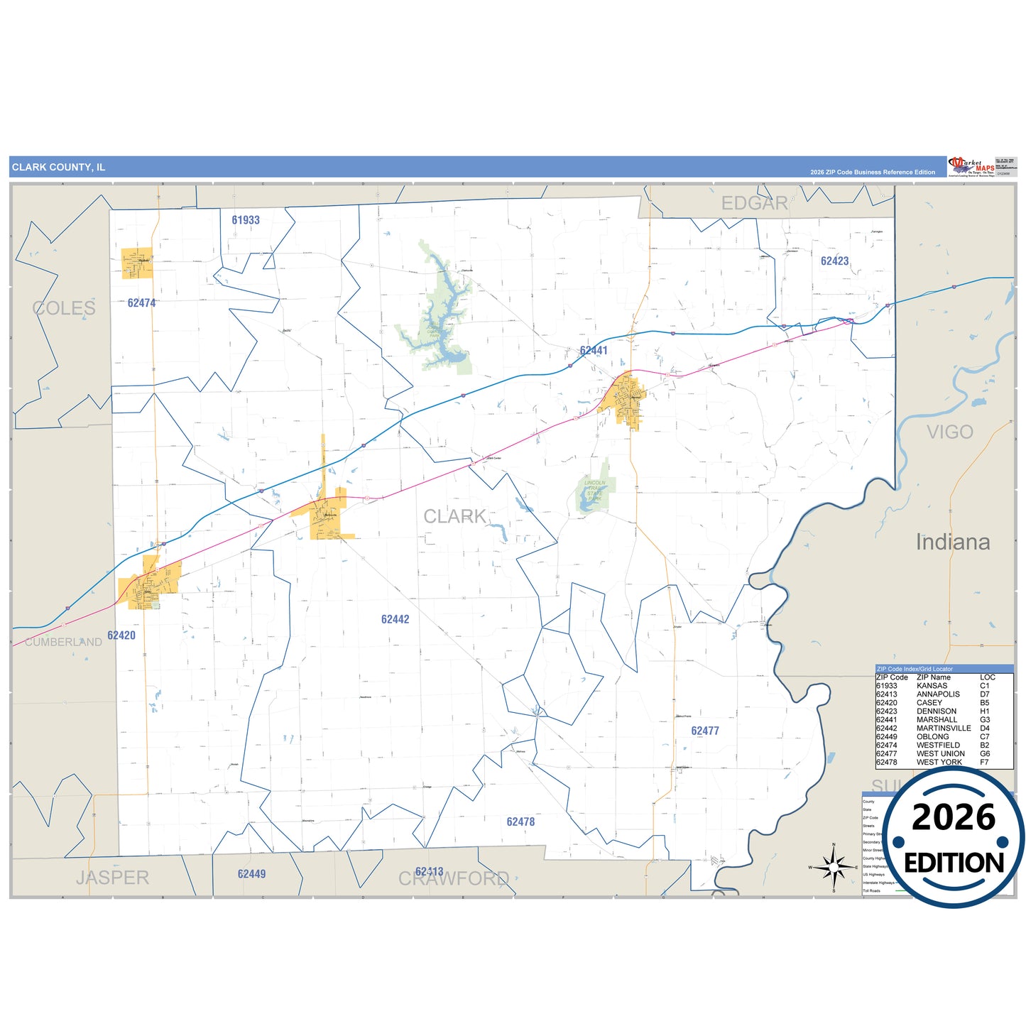 Clark County, IL Business Reference 5 Digit ZIP Code Wall Map