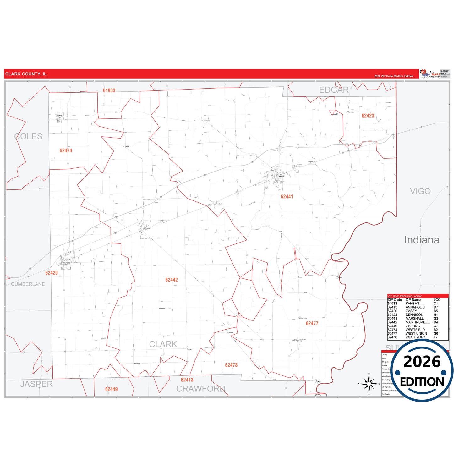 Clark County, IL Red Line 5 Digit ZIP Code Wall Map
