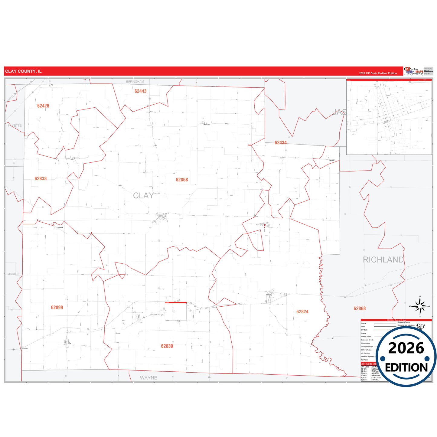 Clay County, IL Red Line 5 Digit ZIP Code Wall Map