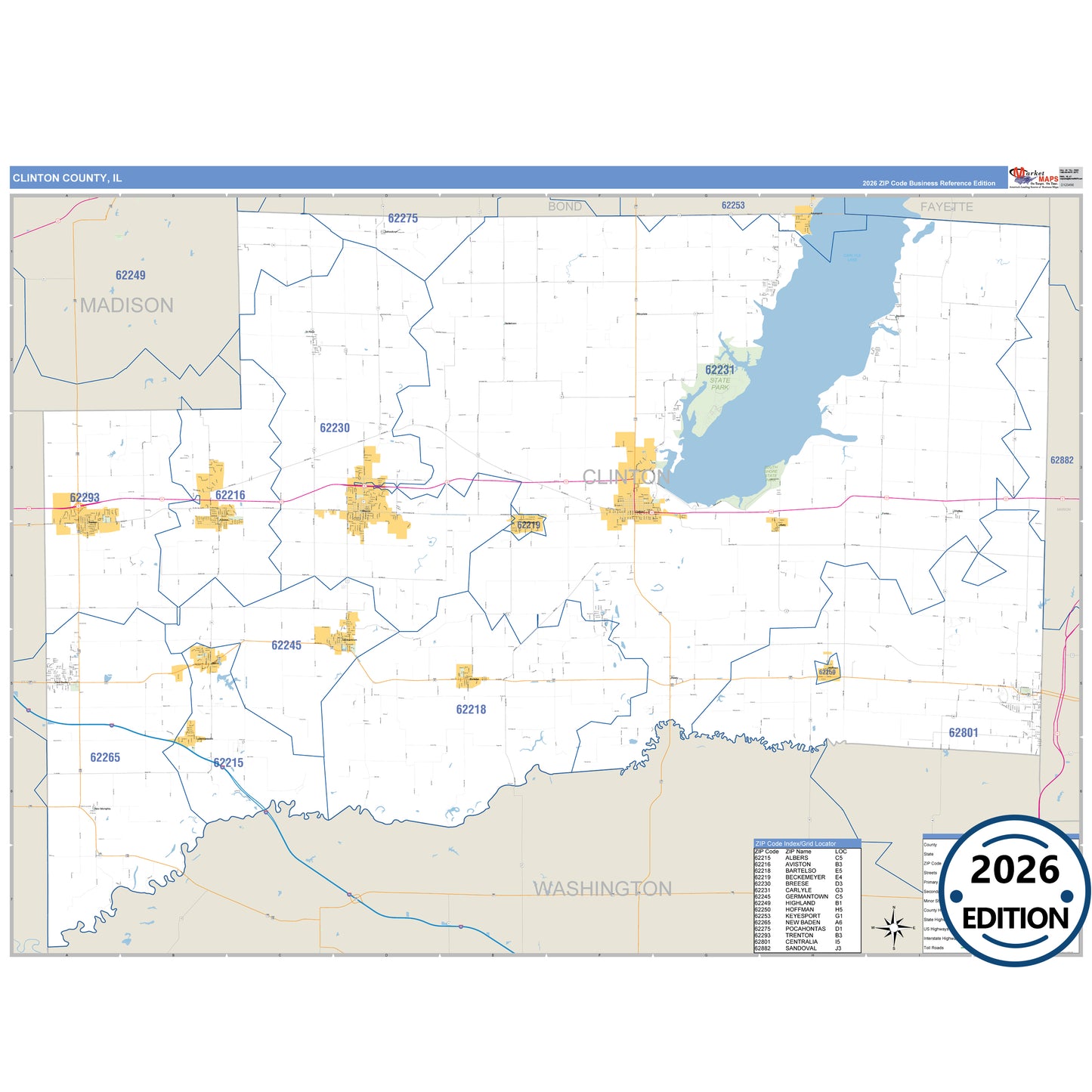 Clinton County, IL Business Reference 5 Digit ZIP Code Wall Map