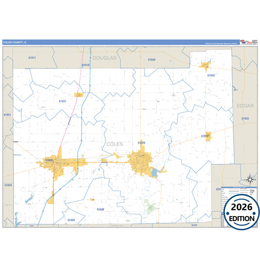 Coles County, IL Business Reference 5 Digit ZIP Code Wall Map