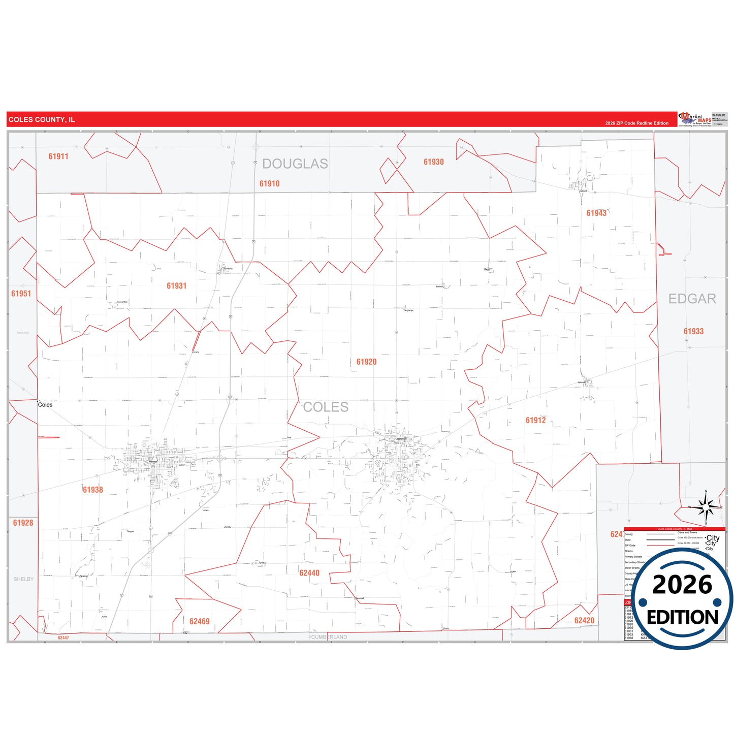 Coles County, IL Red Line 5 Digit ZIP Code Wall Map