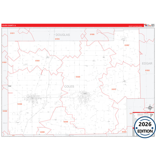 Coles County, IL Red Line 5 Digit ZIP Code Wall Map