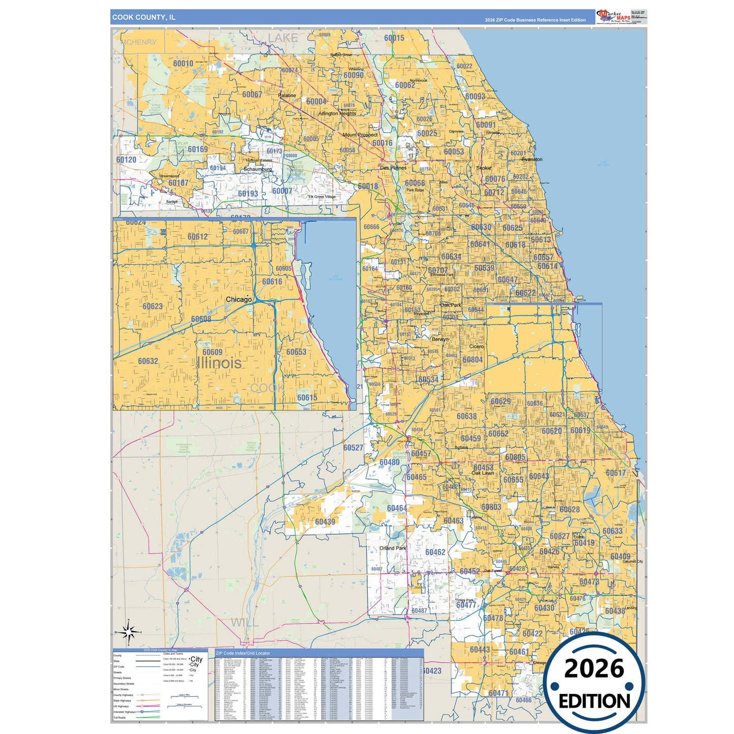 Cook County, IL Business Reference 5 Digit ZIP Code Wall Map