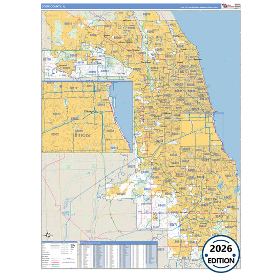 Cook County, IL Business Reference 5 Digit ZIP Code Wall Map