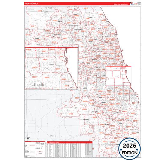 Cook County, IL Red Line 5 Digit ZIP Code Wall Map